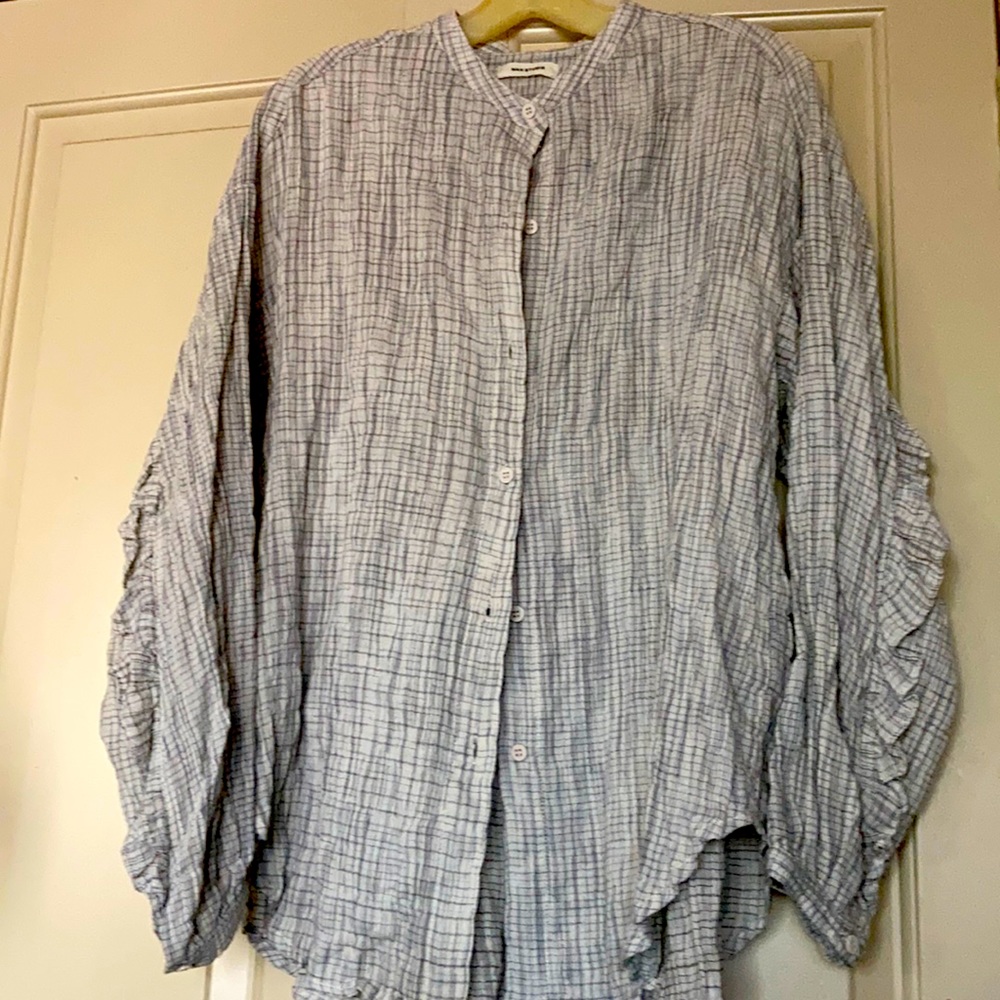 Wonderful grey And blue ruffled sleeve blouse